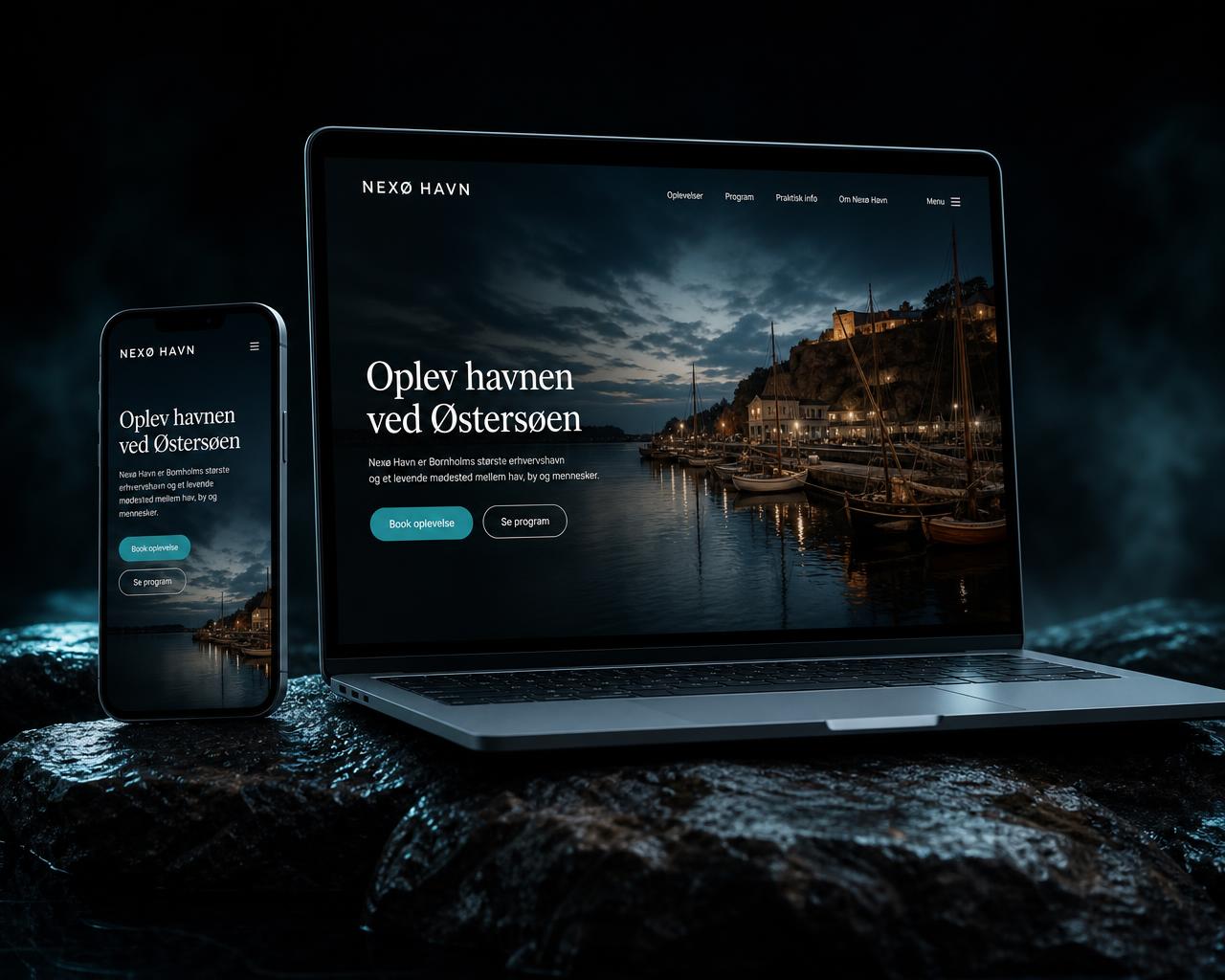 Bærbar computer og telefon der viser en moderne hjemmeside bygget af Bornholm Labs